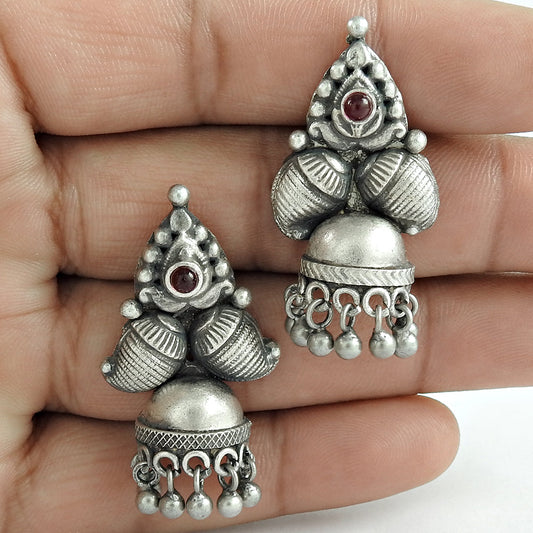 Solid 925 Sterling Silver Jhumki Ruby Gemstone Artisan Earrings