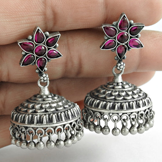 Artisan Earrings Ruby Gemstone Solid 925 Silver Jhumki