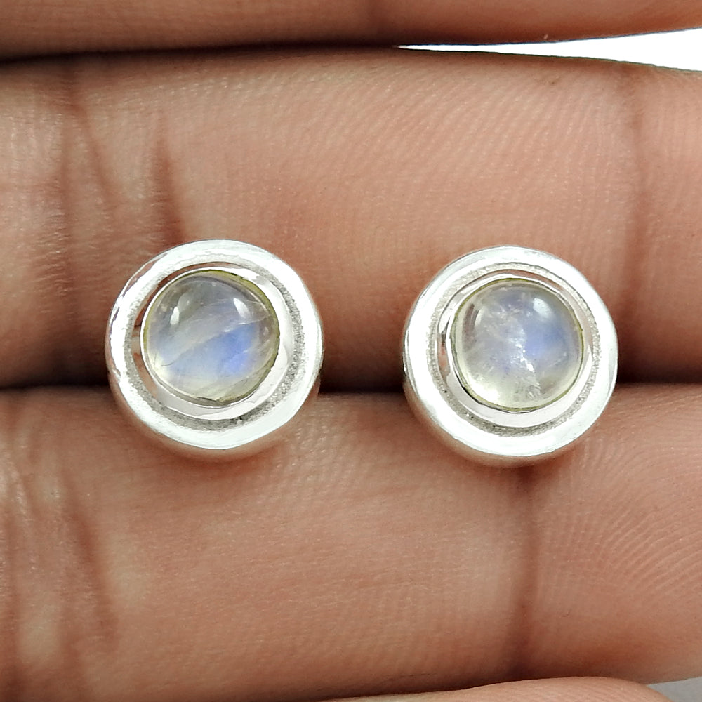 Natural Rainbow Moonstone Gemstone Stud Tribal Earrings 925 Sterling Silver Jewelry Q3
