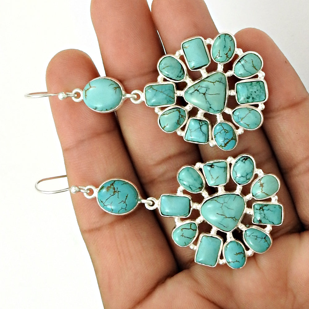 Sterling Silver Turquoise Gemstone New Vintage Sister Dangle Drop Bezel Earrings