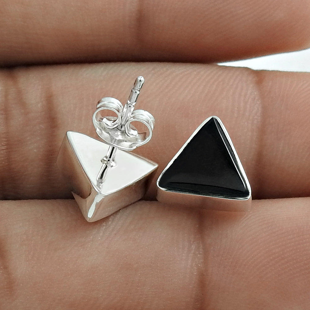 Natural Black Onyx Gemstone Stud Earring 925 Sterling Silver Handmade Jewelry P4