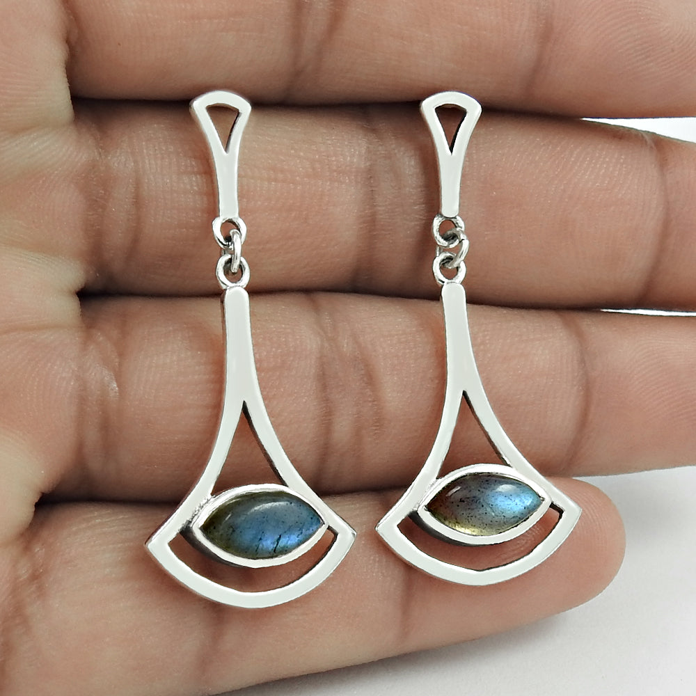 Natural Labradorite Gemstone Drop Dangle Bohemian Blue Earrings 925 Silver T63