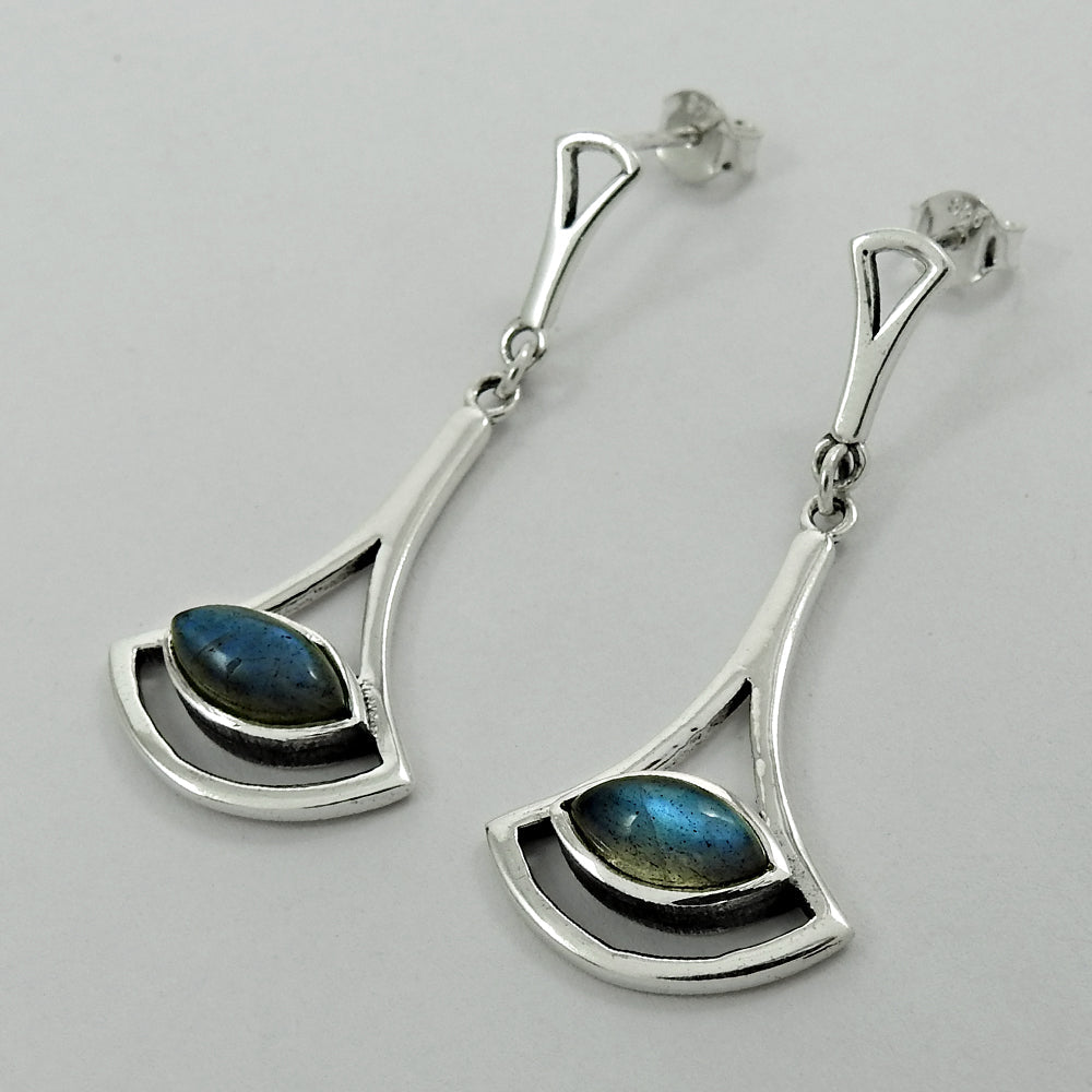 Natural Labradorite Gemstone Drop Dangle Bohemian Blue Earrings 925 Silver T63