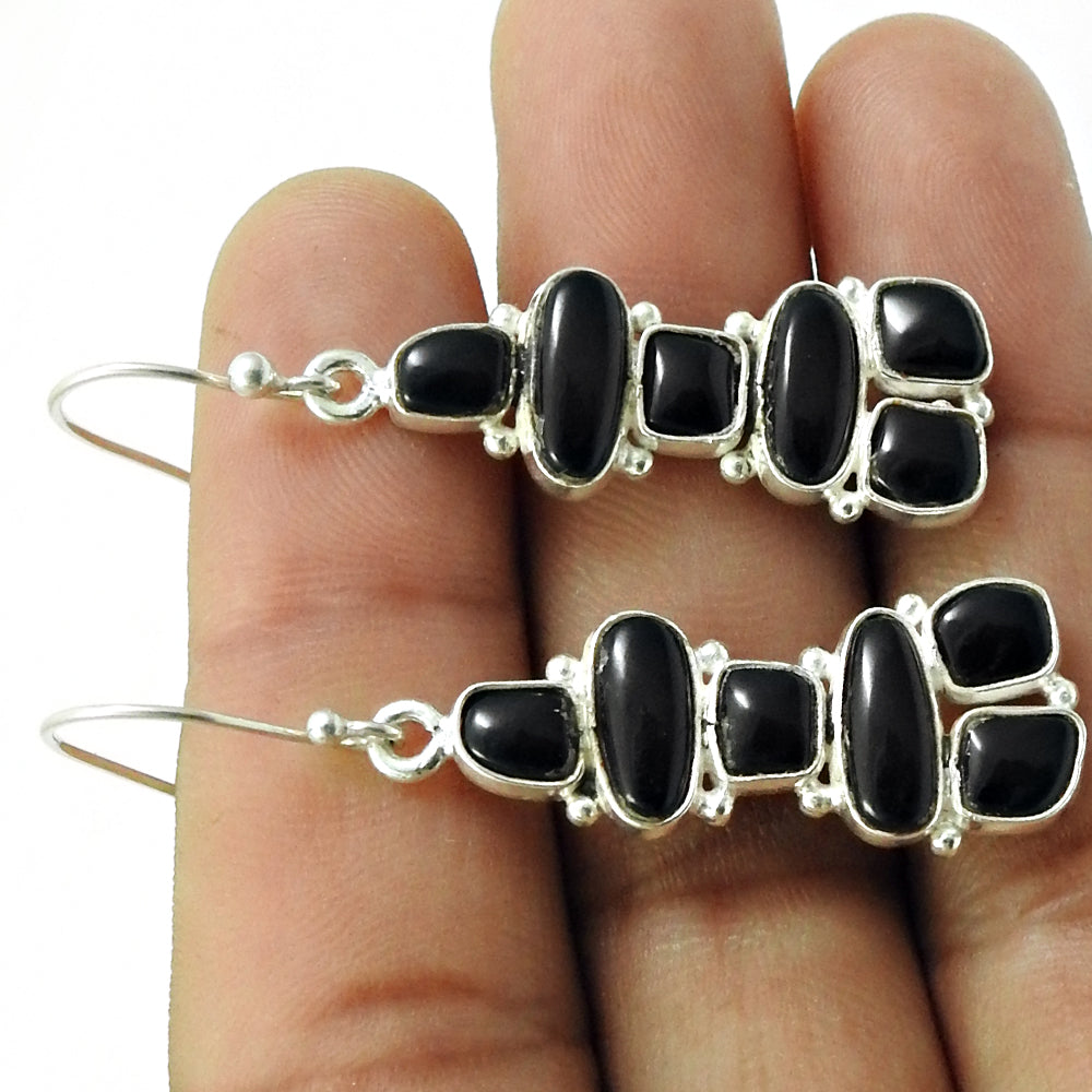 Wedding Gift For Her 925 Silver Natural Black Onyx Drop Dangle Inukshuk Earrings R63