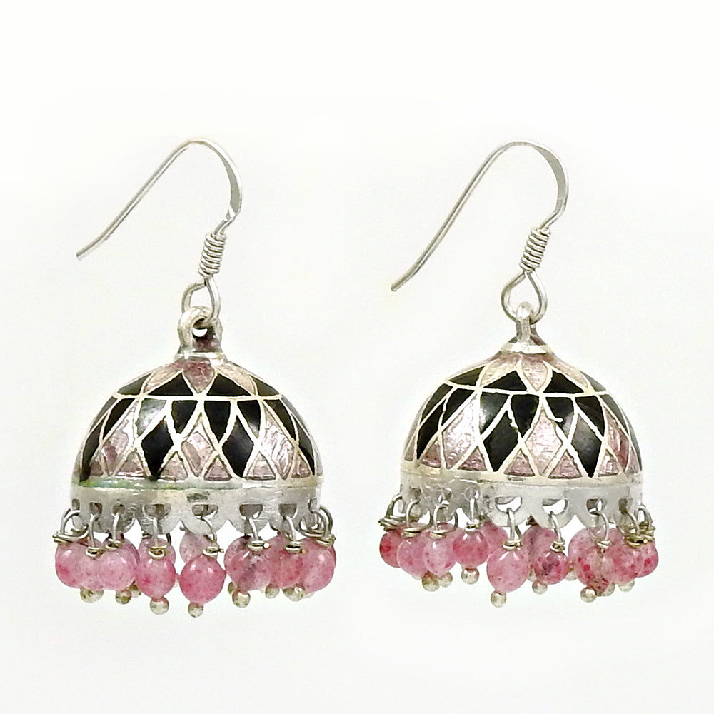 925 Sterling Silver Rose Quartz Stone Enamel Jhumki Dangling Wedding Earrings