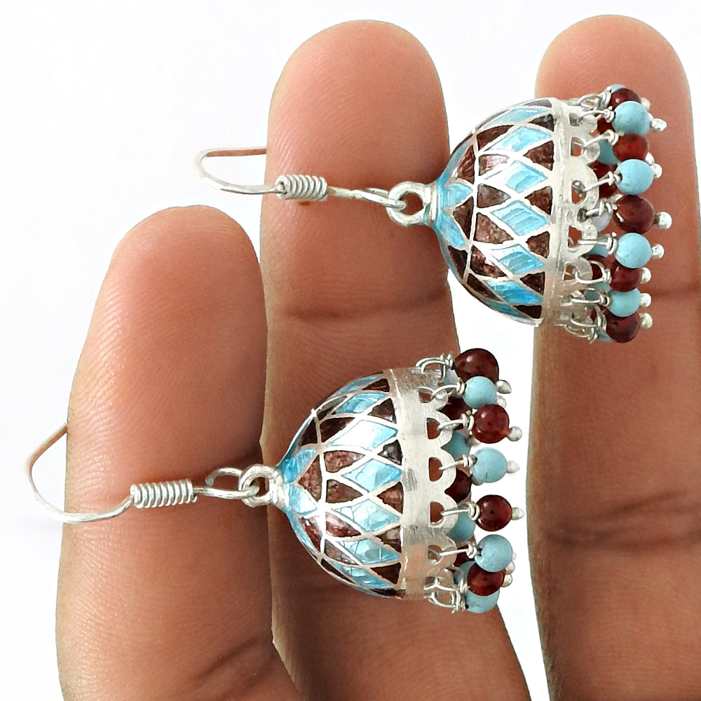 Natural Garnet Gemstone Drop Dangle Enamel Jhumki Earrings 925 Silver U3