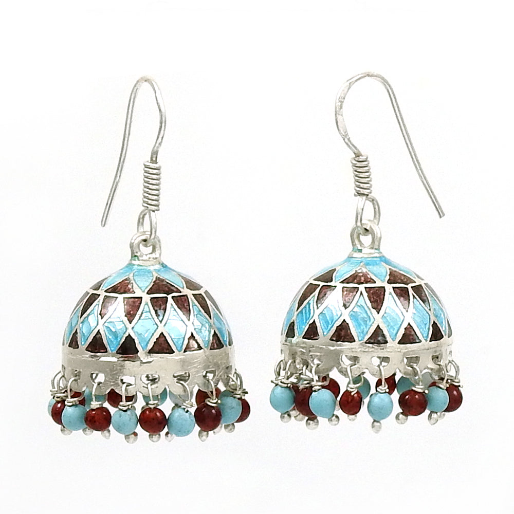 Natural Garnet Gemstone Drop Dangle Enamel Jhumki Earrings 925 Silver U3