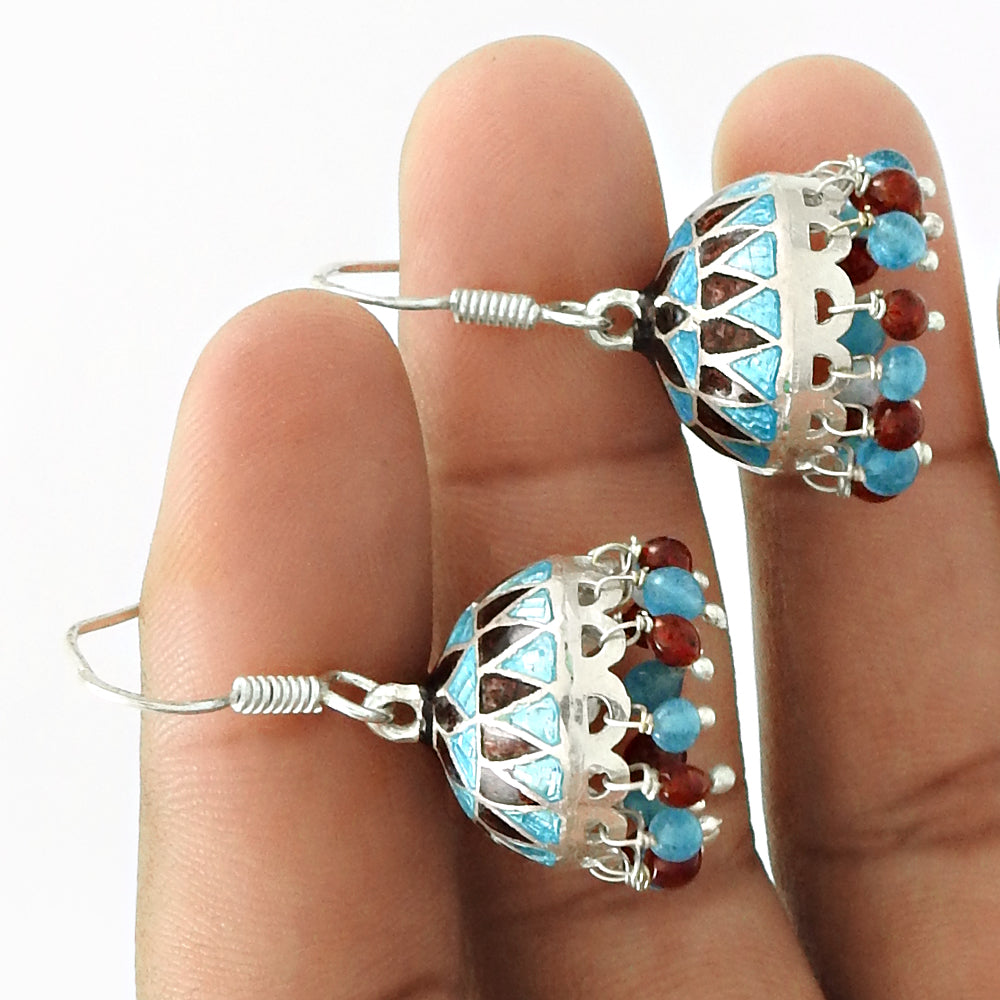 Natural Garnet 925 Silver Drop Dangle Enamel Jhumki Earrings For Women V3