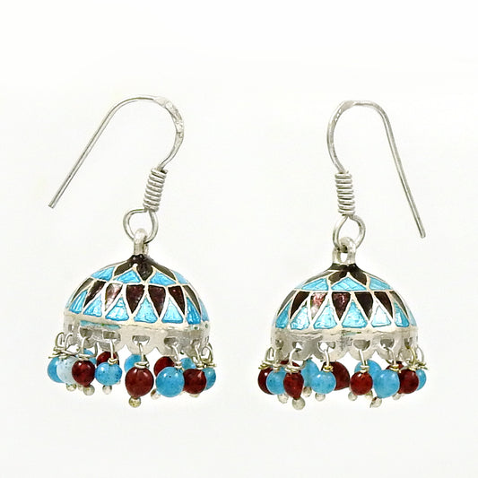 Natural Garnet 925 Silver Drop Dangle Enamel Jhumki Earrings For Women V3
