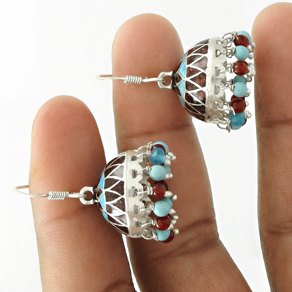 925 Silver Natural Garnet Turquoise Blue Topaz Enamel Jhumki Earrings For Her