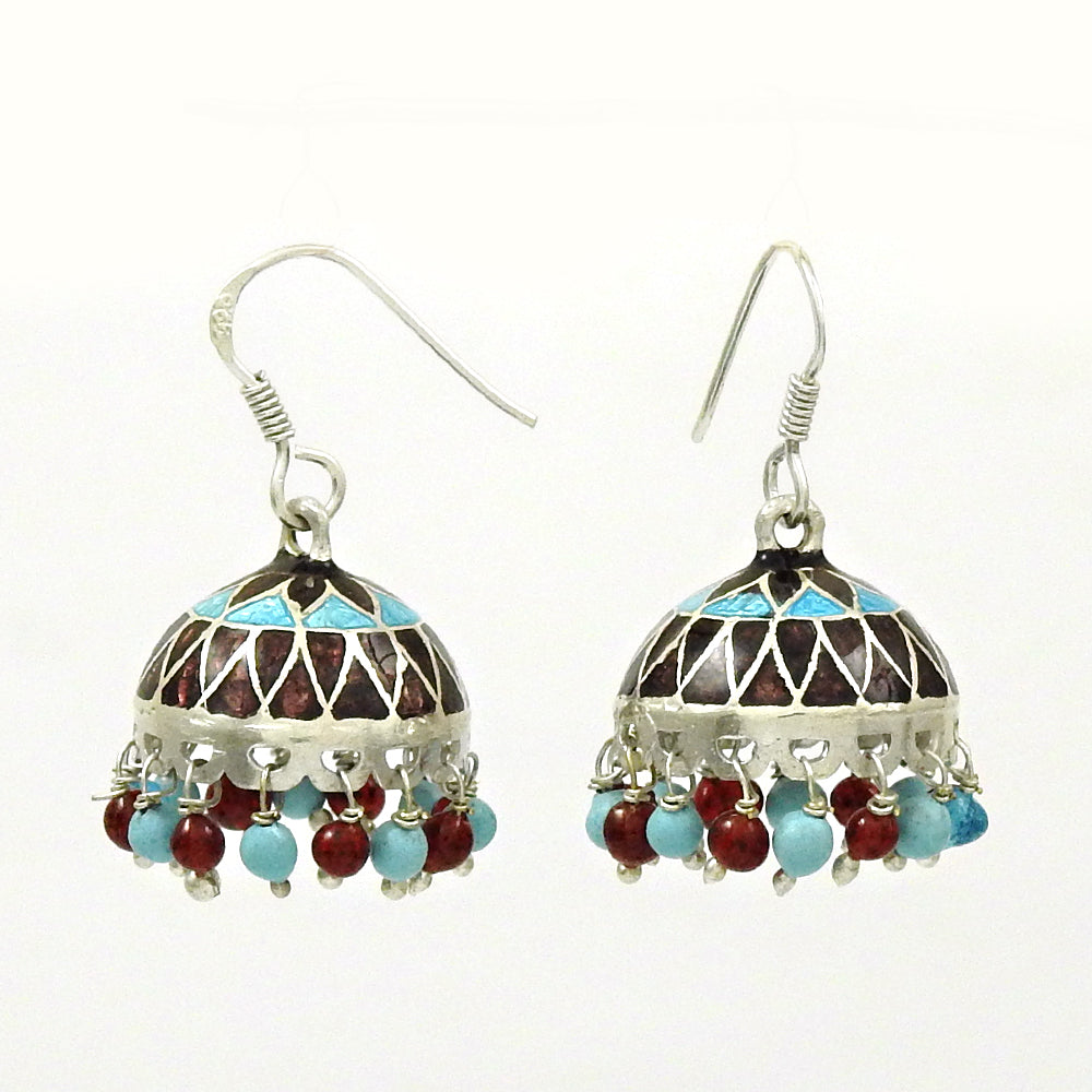 925 Silver Natural Garnet Turquoise Blue Topaz Enamel Jhumki Earrings For Her