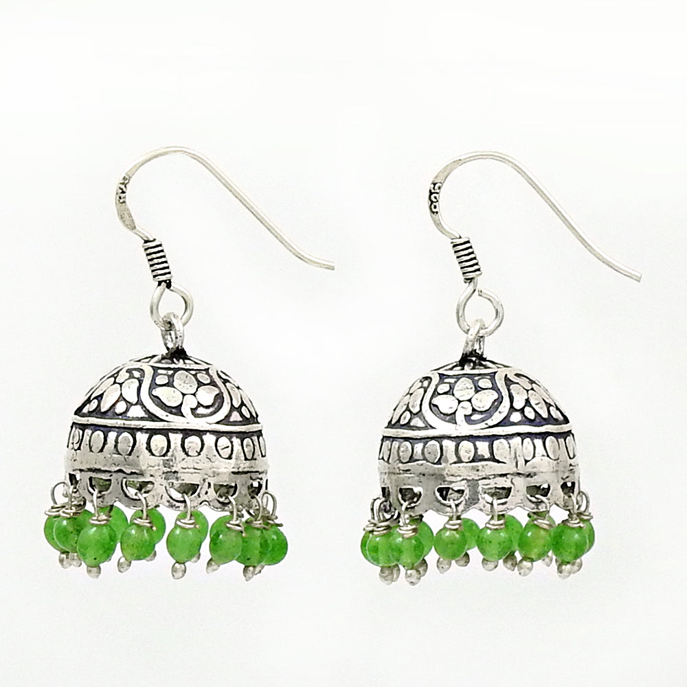 Woman Gift Jhumki Natural Green Jade 925 Silver Earrings Indian Jewelry