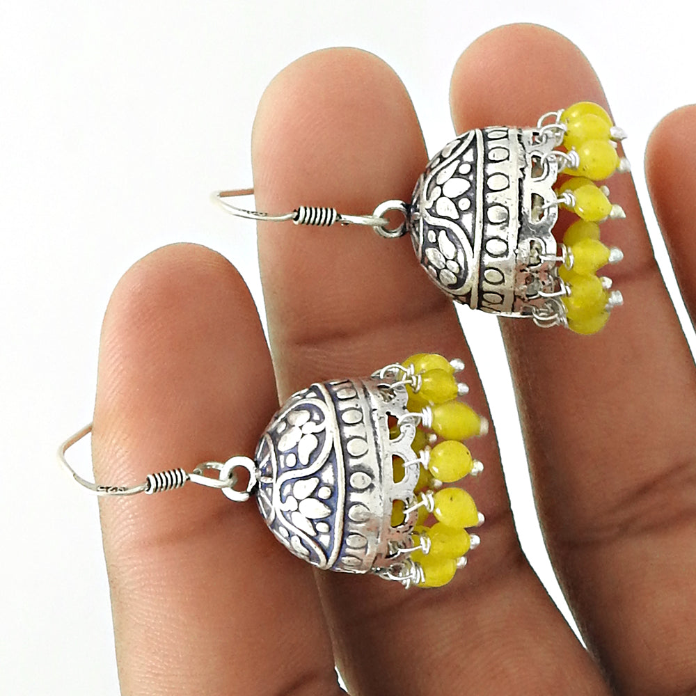 Gift For Woman Drop Dangle Jhumki Earrings 925 Silver Natural Yellow Onyx Gemstone G45