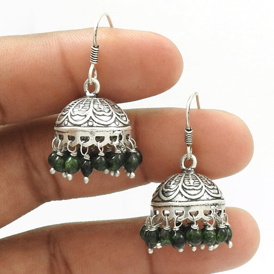 Indian Jhumki Natural Green Jade 925 Silver Earrings Jewelry