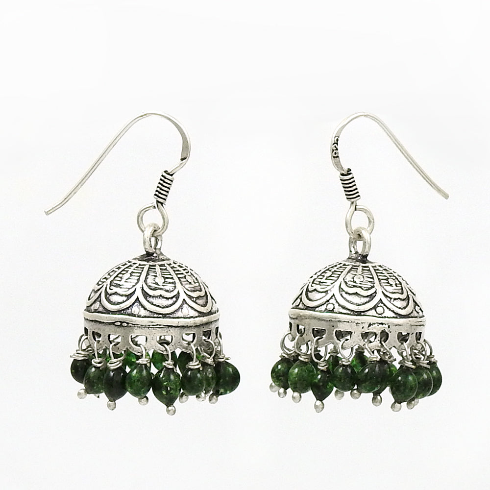 Indian Jhumki Natural Green Jade 925 Silver Earrings Jewelry