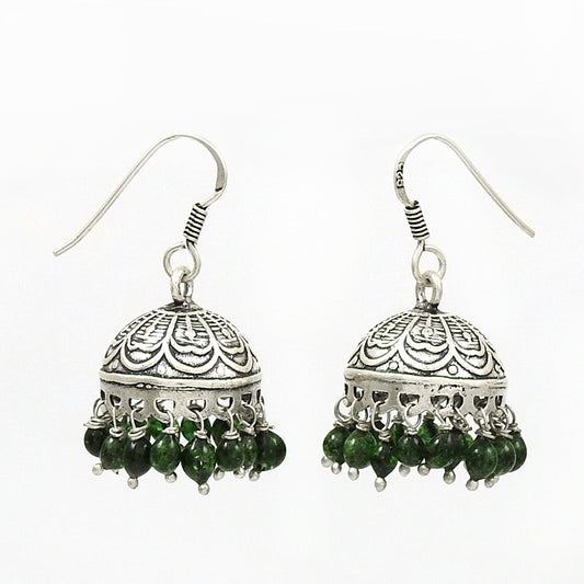 Indian Jhumki Natural Green Jade 925 Silver Earrings Jewelry