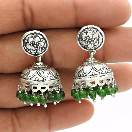 Natural Green Jade Jhumki 925 Silver Earrings Indian Jewelry