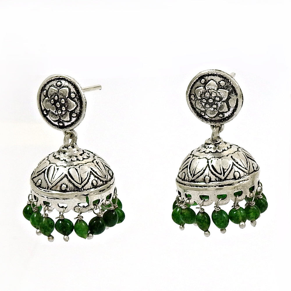 Natural Green Jade Jhumki 925 Silver Earrings Indian Jewelry