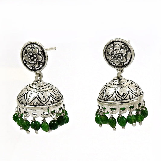 Natural Green Jade Jhumki 925 Silver Earrings Indian Jewelry