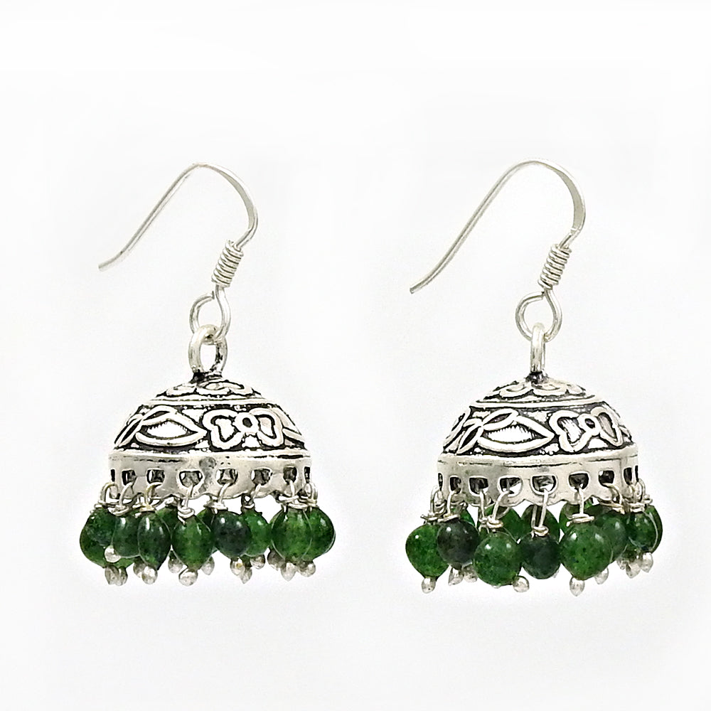 925 Silver Natural Green Jade Jhumki Earrings Handmade Jewelry