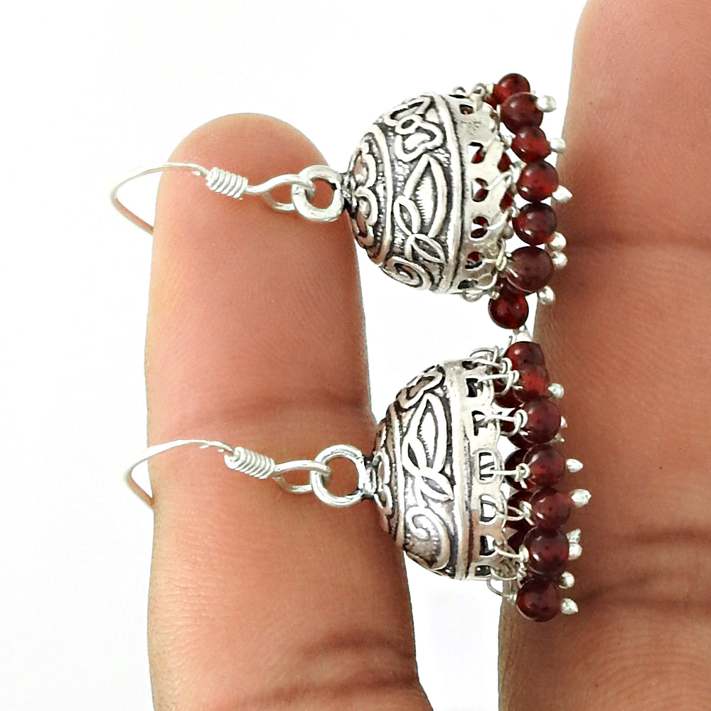 Gift For Her 925 Silver Natural Garnet Gemstone Dangle Jhumki Earrings Q4