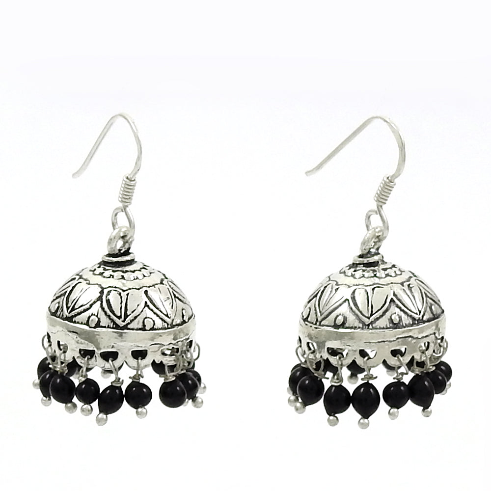Gift For Her Natural Black Onyx Dangle Jhumki Earrings 925 Sterling Silver R4