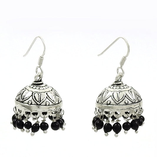 Gift For Her Natural Black Onyx Dangle Jhumki Earrings 925 Sterling Silver R4