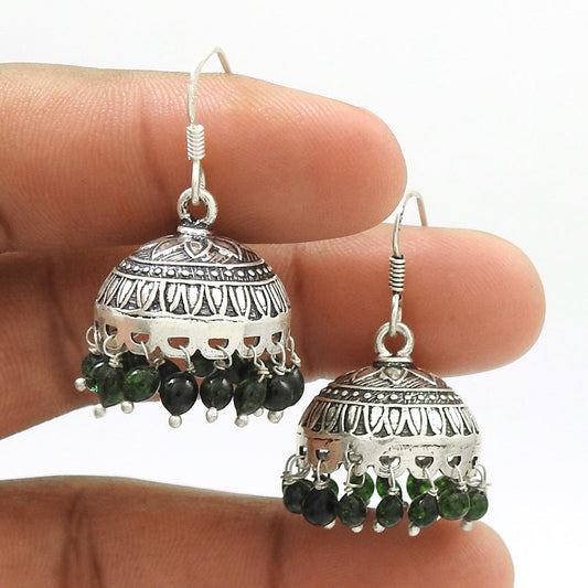 Solid 925 Silver Natural Green Jade Earrings Indian Jhumki