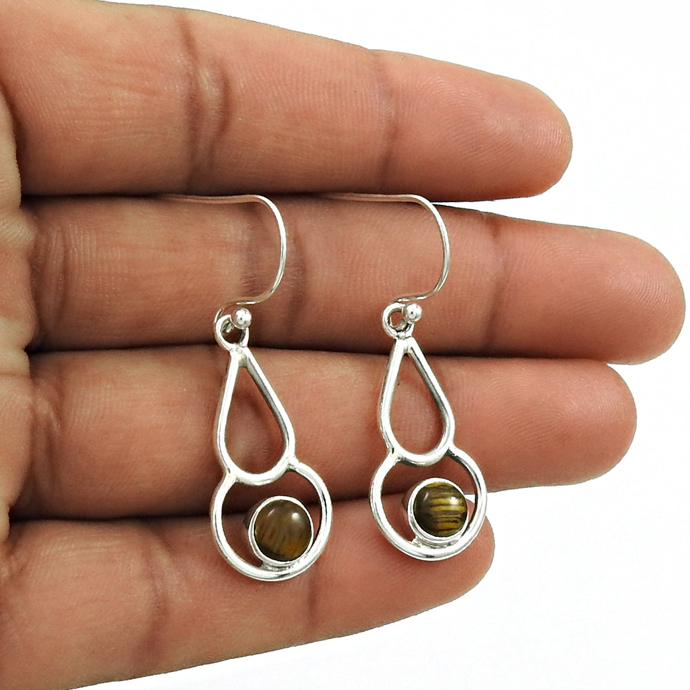 Natural Tiger Eye Gemstone 925 Silver Drop Dangle Boho Earrings For Girls I64