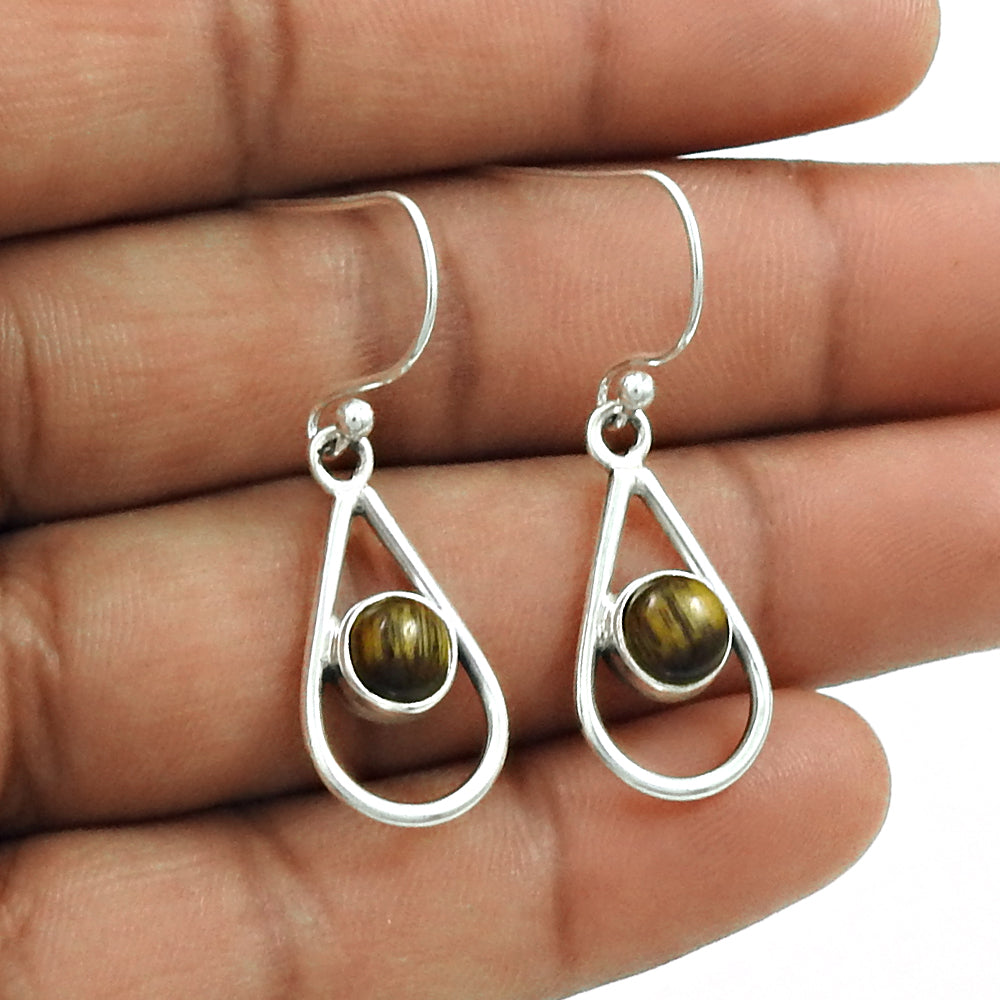 Tiger Eye Gemstone 925 Sterling Silver Mother Dangle Tribal Unique Earrings