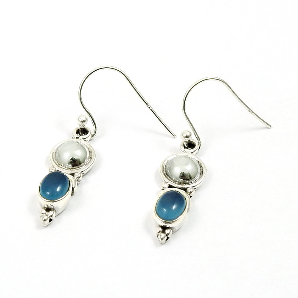 Chalcedony Gemstone 925 Silver Hook Artisan Birthday Drop Ethnic Bezel Earrings