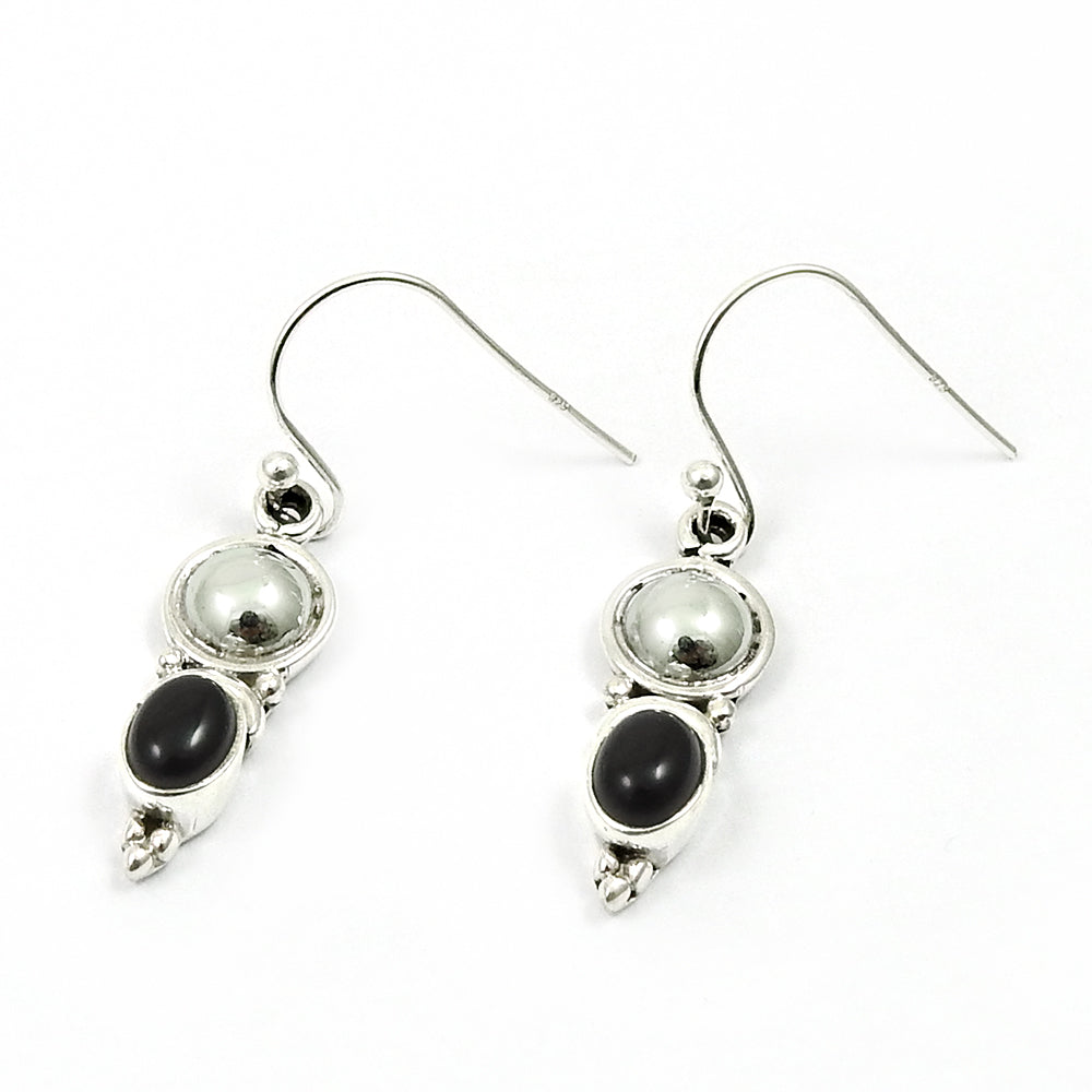 Oval Natural Black Onyx 925 Solid Silver Bezel Hook Dangle Drop Tribal August Earrings