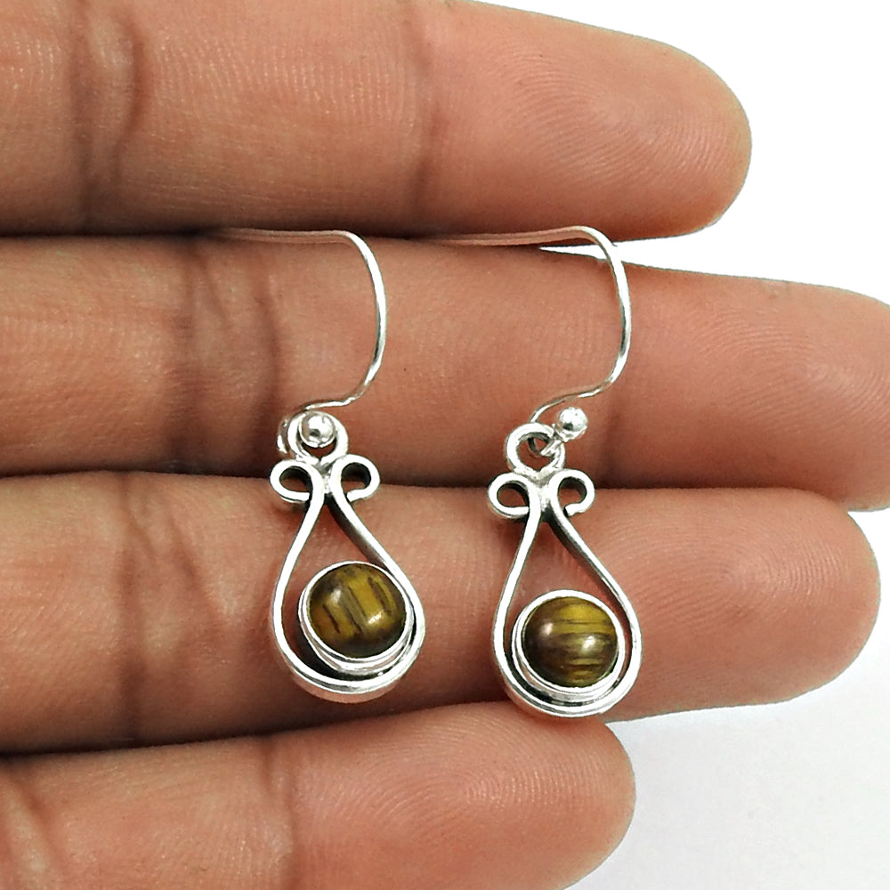 Woman Gift 925 Silver Natural Tiger Eye Drop Dangle Vintage Earrings F10