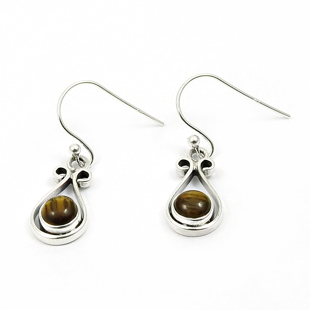 Woman Gift 925 Silver Natural Tiger Eye Drop Dangle Vintage Earrings F10