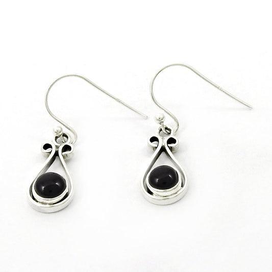 Round Black Onyx Gemstone August Birth Wedding Bezel Dangle Ethnic Earrings 925 Silver
