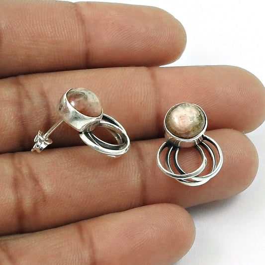 Natural Pink Rhodochrosite Gemstone 925 Silver Stud Earrings Gift For Woman F35