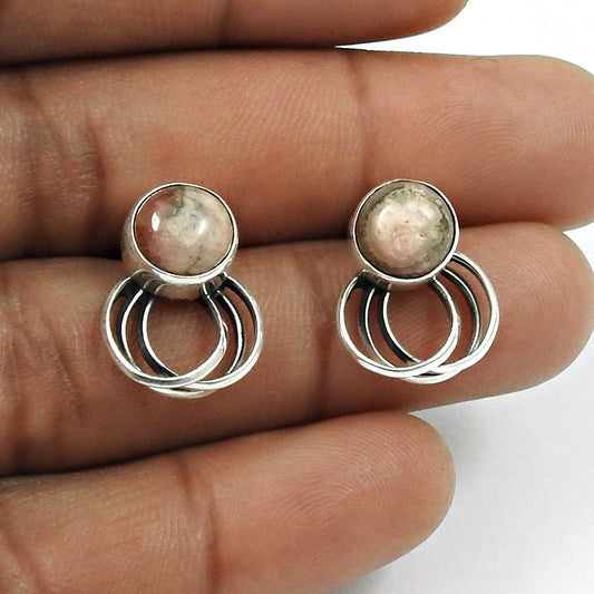 Natural Pink Rhodochrosite Gemstone 925 Silver Stud Earrings Gift For Woman F35