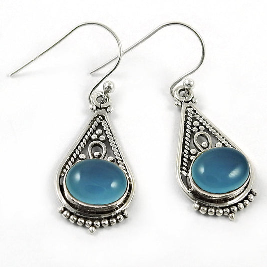 Woman Gift 925 Silver Natural Chalcedony Drop Dangle Tribal Earrings J6