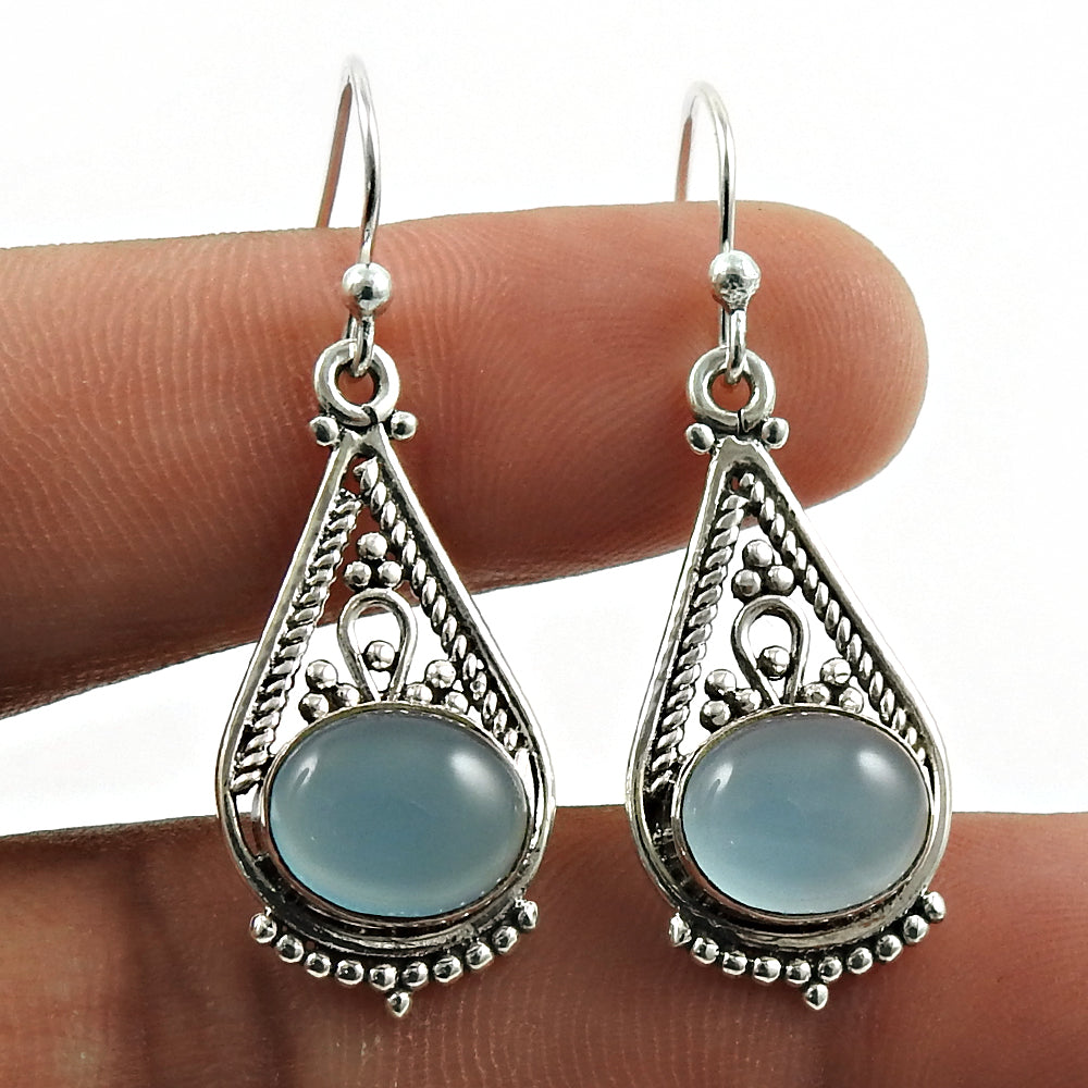 Woman Gift 925 Silver Natural Chalcedony Drop Dangle Tribal Earrings J6