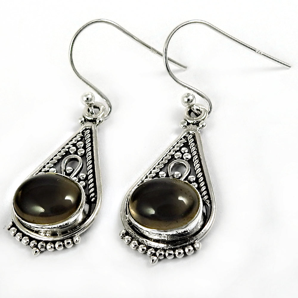 Natural Smoky Quartz Drop Dangle Bohemian Earrings 925 Silver For Girls L6