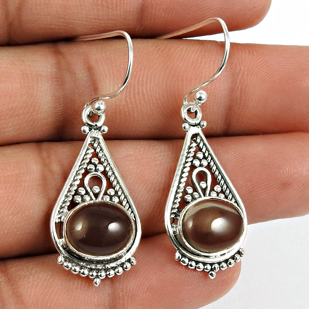 Natural Smoky Quartz Drop Dangle Bohemian Earrings 925 Silver For Girls L6