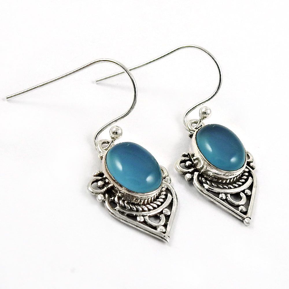 Oval Natural Chalcedony 925 Sterling Silver Boho Anniversary Dangling Earrings