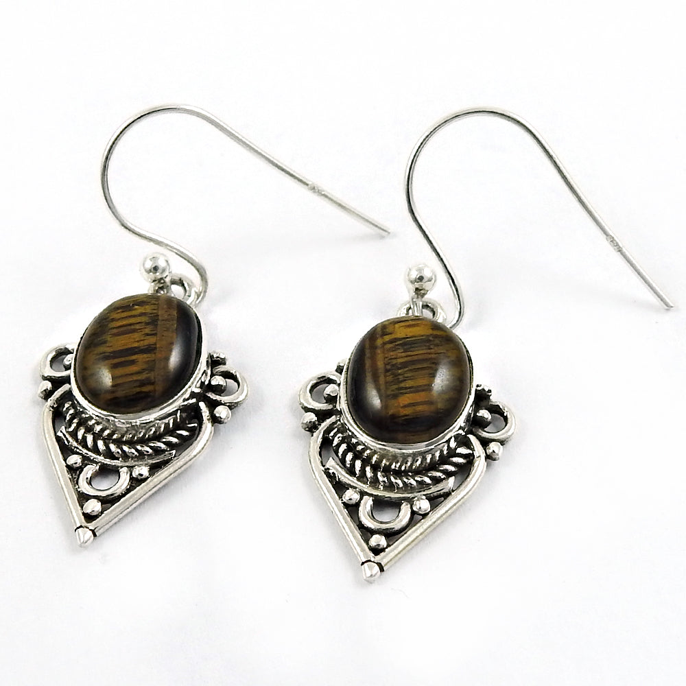 Gift For Her Natural Tiger Eye Drop Dangle Tribal Earrings 925 Silver R8