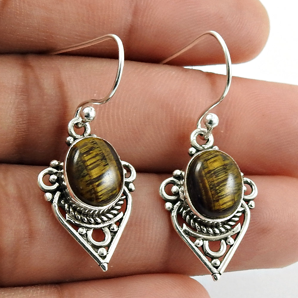Gift For Her Natural Tiger Eye Drop Dangle Tribal Earrings 925 Silver R8