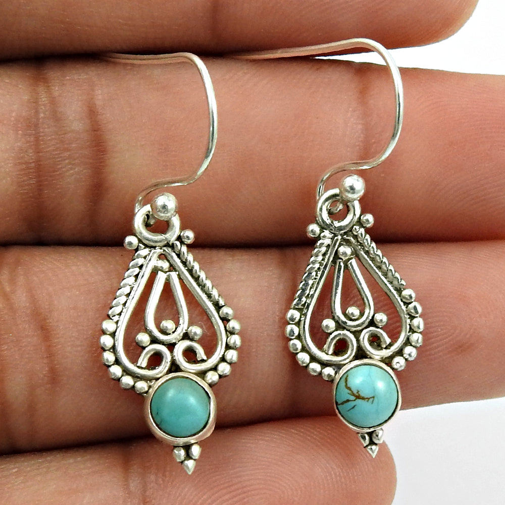 Natural Turquoise Drop Dangle Antique Look Earrings 925 Silver For Girls A12