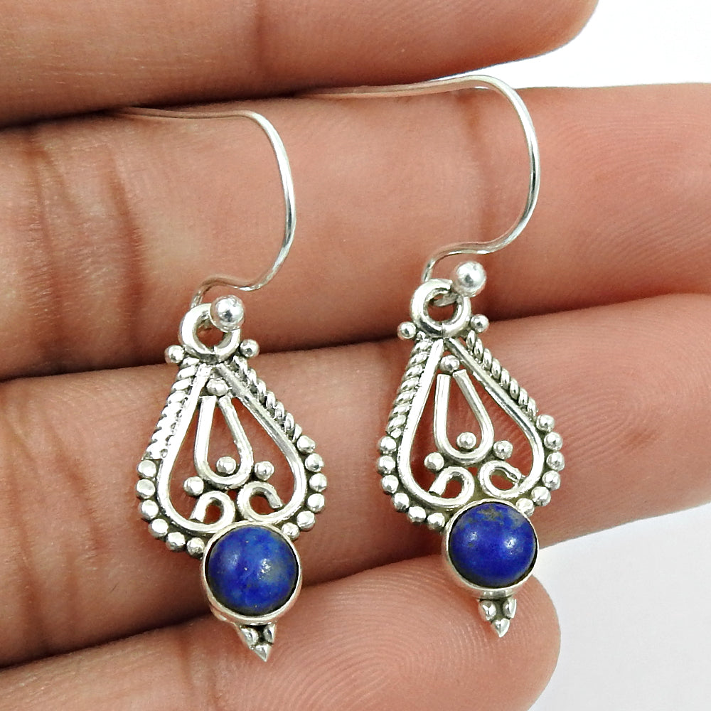 Natural Lapis Lazuli 925 Silver Drop Dangle Artisan Earrings For Women G6