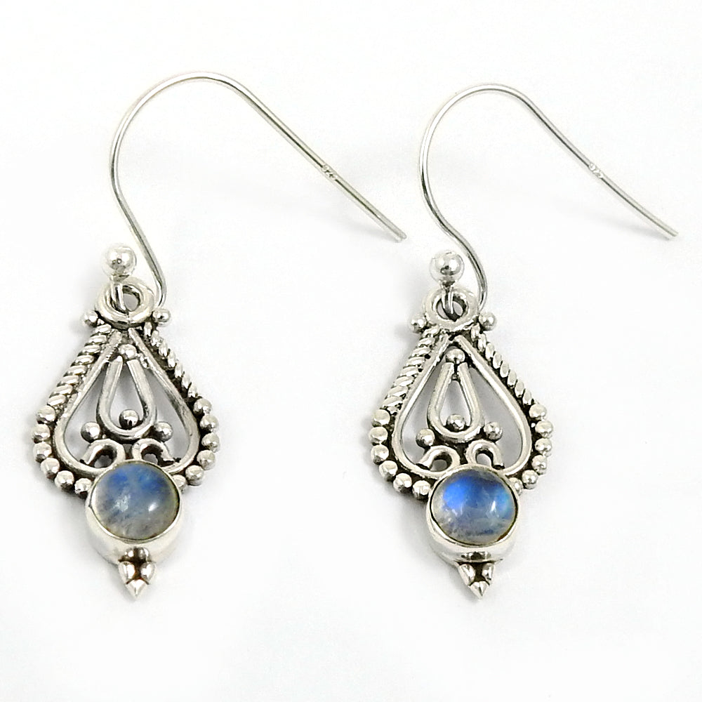 Natural Rainbow Moonstone Dangling Bezel Vintage Earrings 925 Sterling Silver