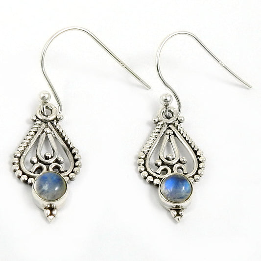 Natural Rainbow Moonstone Dangling Bezel Vintage Earrings 925 Sterling Silver