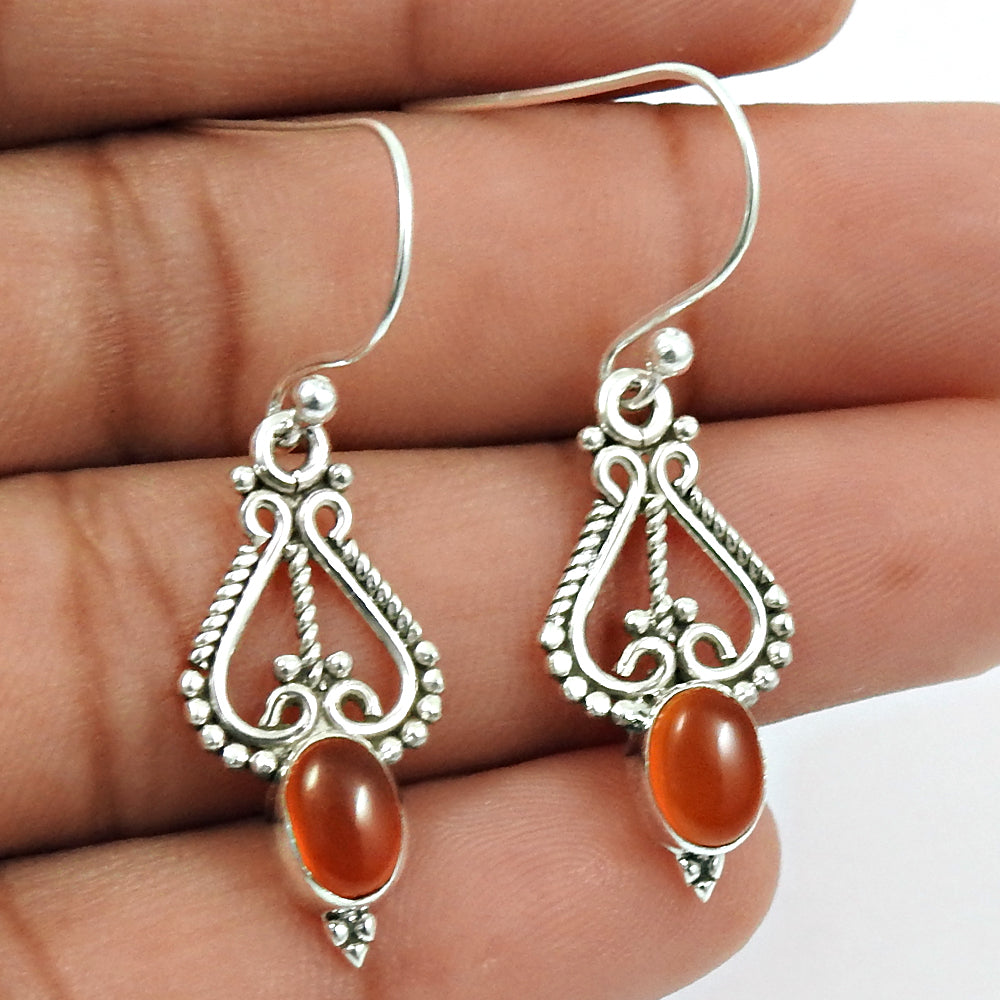 Natural Carnelian Gemstone Drop Dangle Artisan Earrings 925 Silver For Girls J6