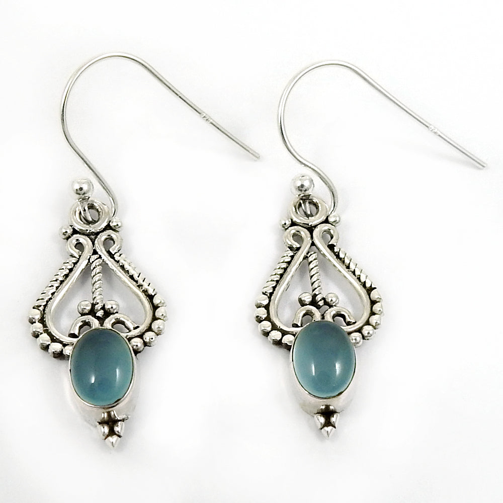 Oval Chalcedony Gemstone 925 Sterling Silver Dangle Drop Vintage Look Earrings